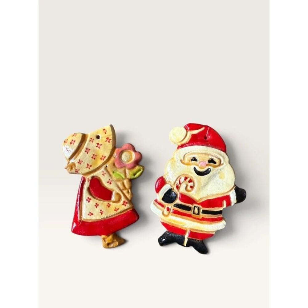 Vintage 1970s Handmade Salt Dough Christmas Ornaments Signed Folk Art Santa